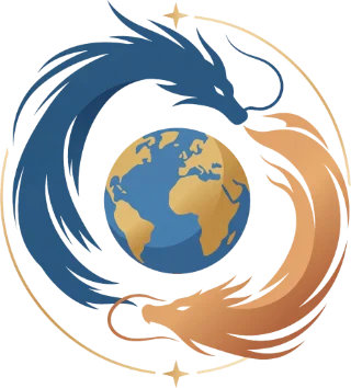 Logo: Ein blauer und ein goldener Drache bilden einen Kreis um eine stilisierte Weltkugel, eingerahmt von einem dünnen goldenen Ring mit zwei Sternen.